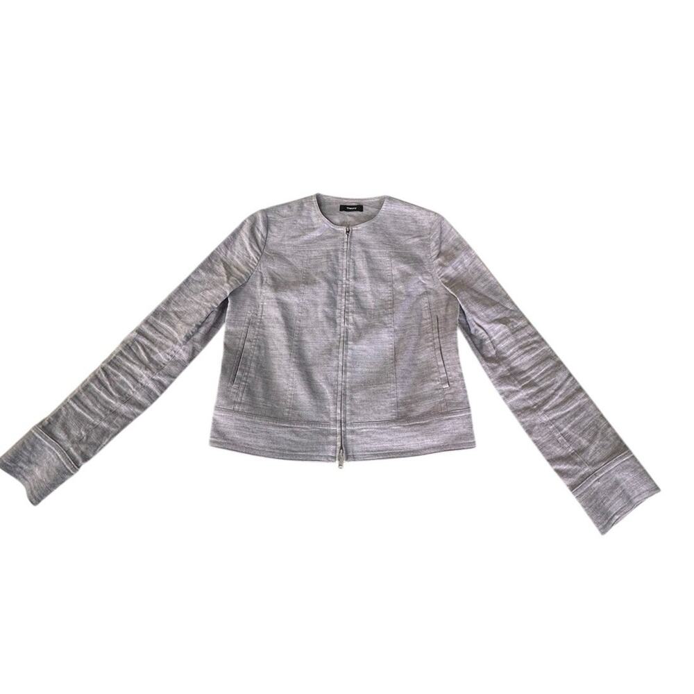 Theory Jean Moto Jacket in Textured Good Linen Sharkskin Gray Color Sz P